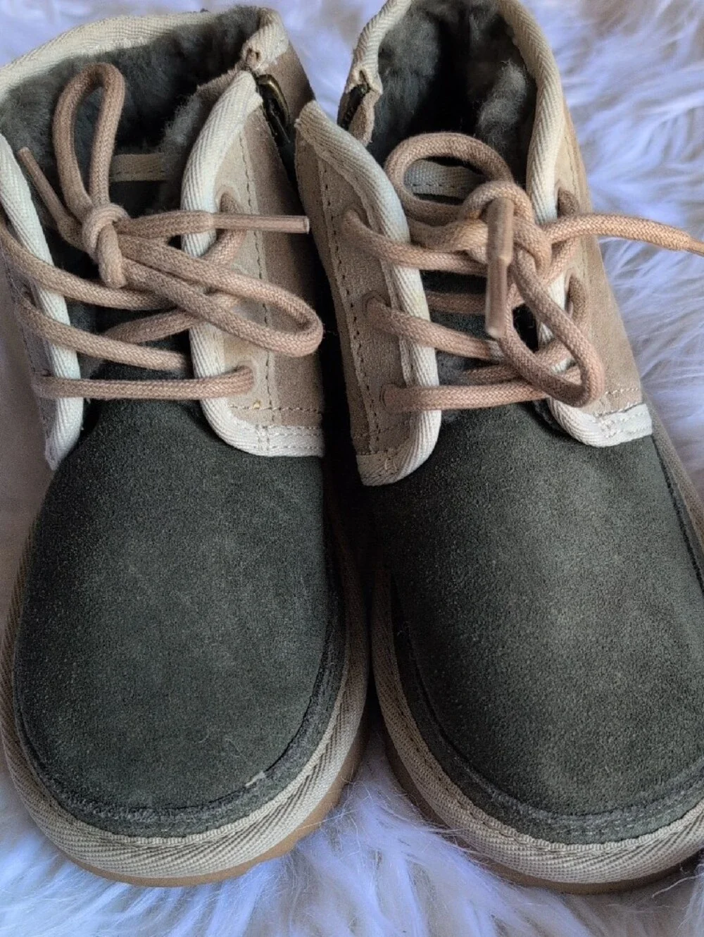UGG Two-Tone Suede Lace-Up Ankle Boots in Olive Green & Taupe
